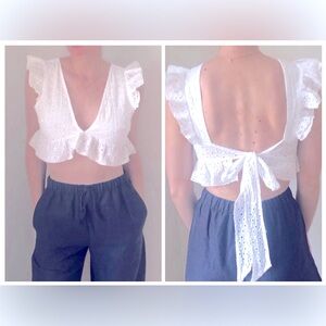 ‼️CLEARANCE‼️ White eyelet Crop Peplum Cotton Top with Bow Tie
